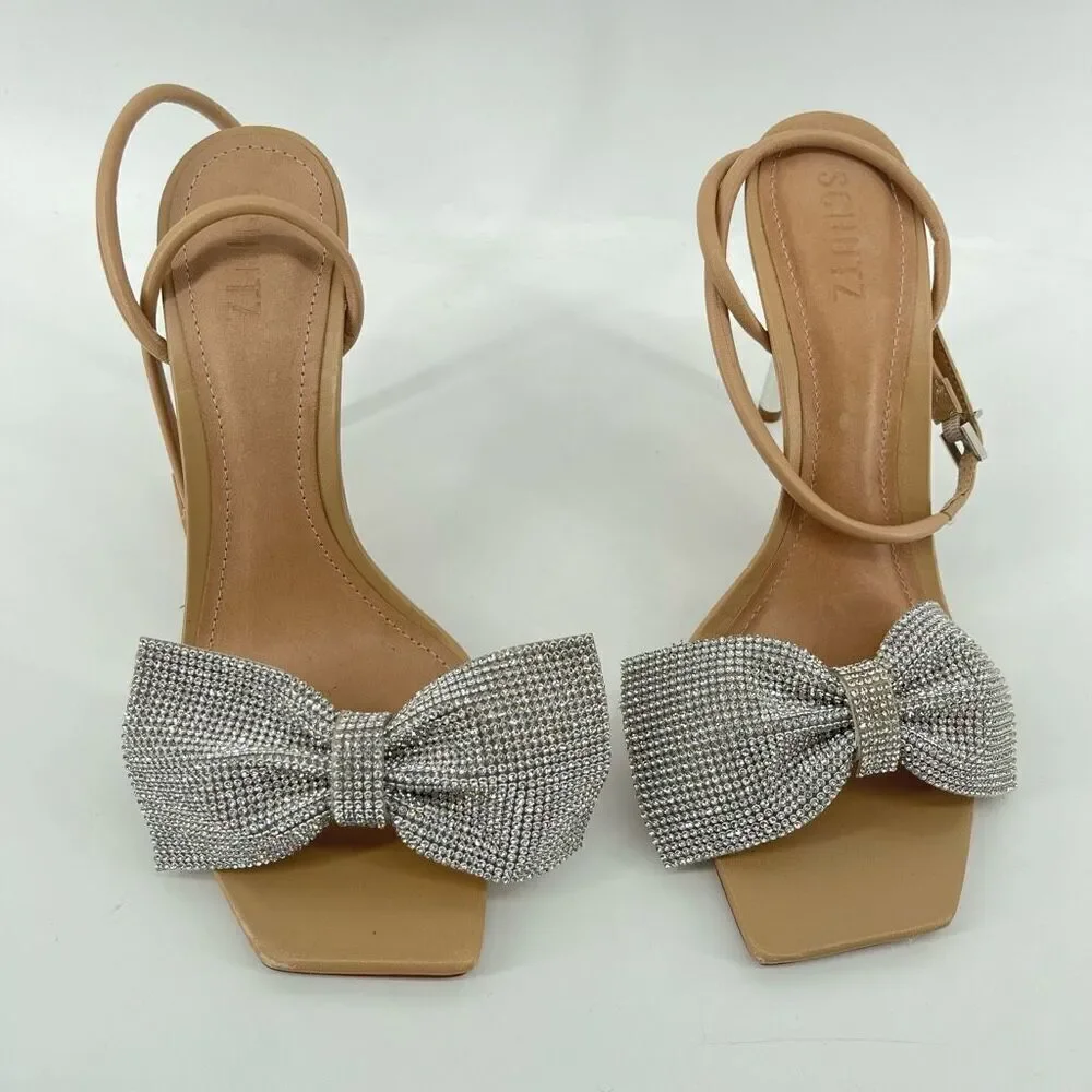 Schutz Mila Glam Heels 9.5 Rhinestone Bow 4” Heel Ankle Strap Square Toe